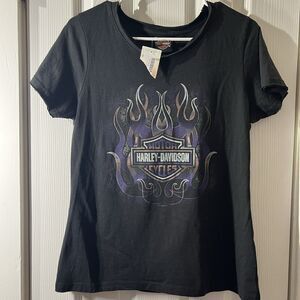 NEW Harley-Davidson Shirt Womens M Black Motorcycle Graphic Raw Edge Sleeves